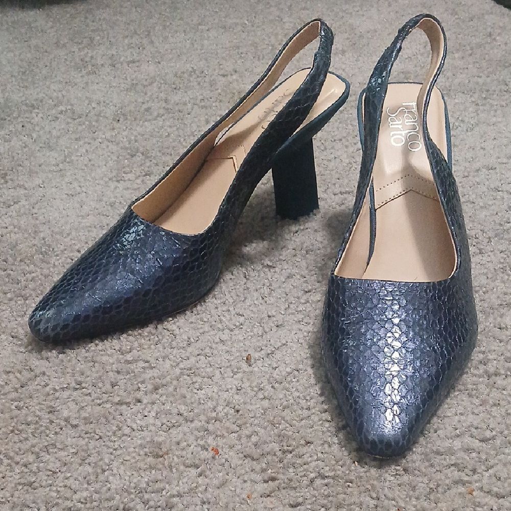 Franco Sarto blue Milano2 snakeskin print Slingback pointed toe heels Sz 10 EUC